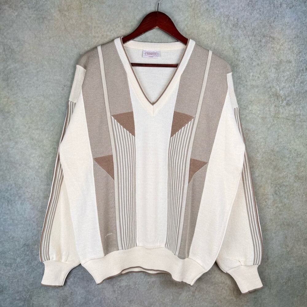 VTG 90s Gabicci Knit Sweater XL Tan Beige Made In Italy Soprano Style Geometric